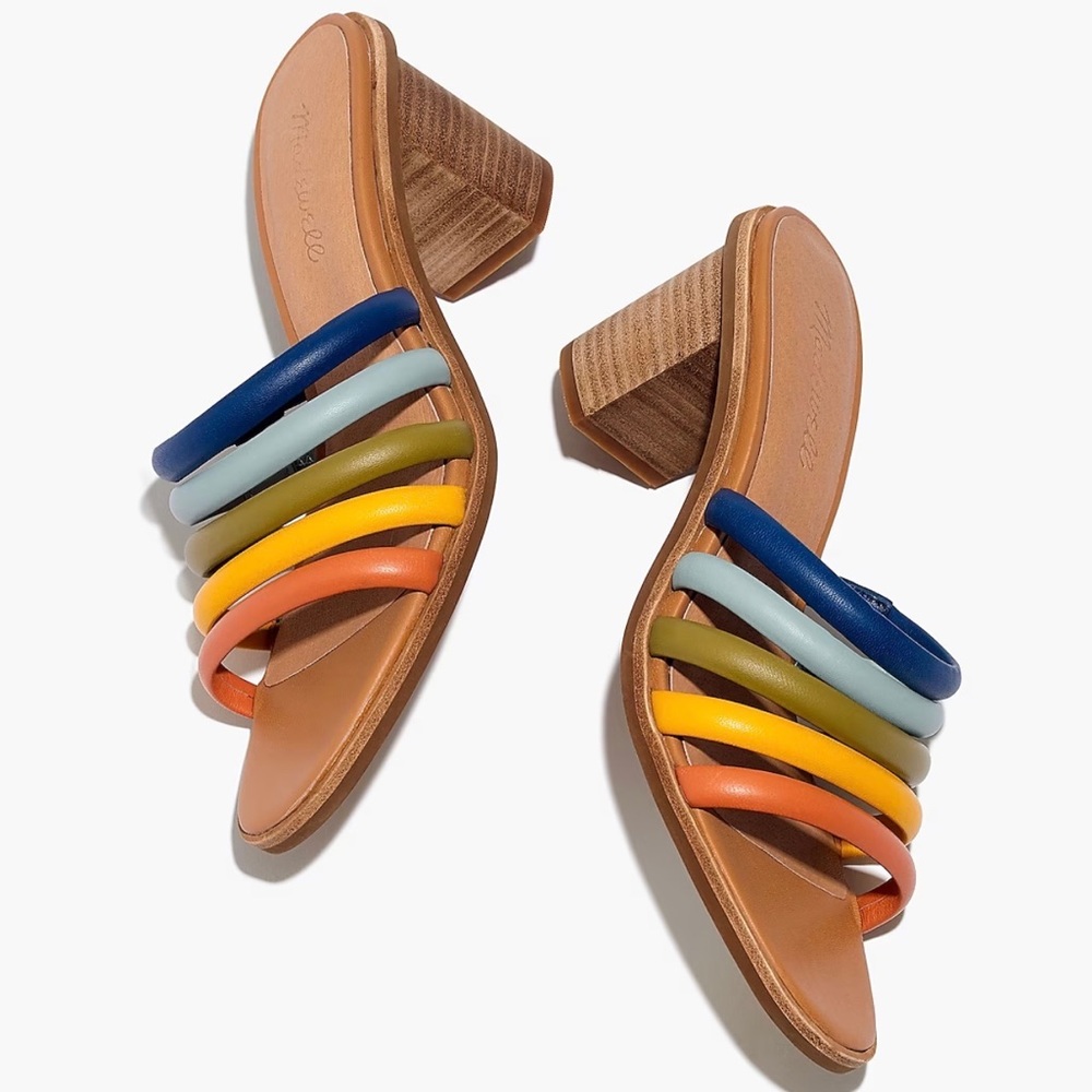 Madewell The Addie High Heel Leather Strappy Mule Blue Horizon Multi Size 5.5